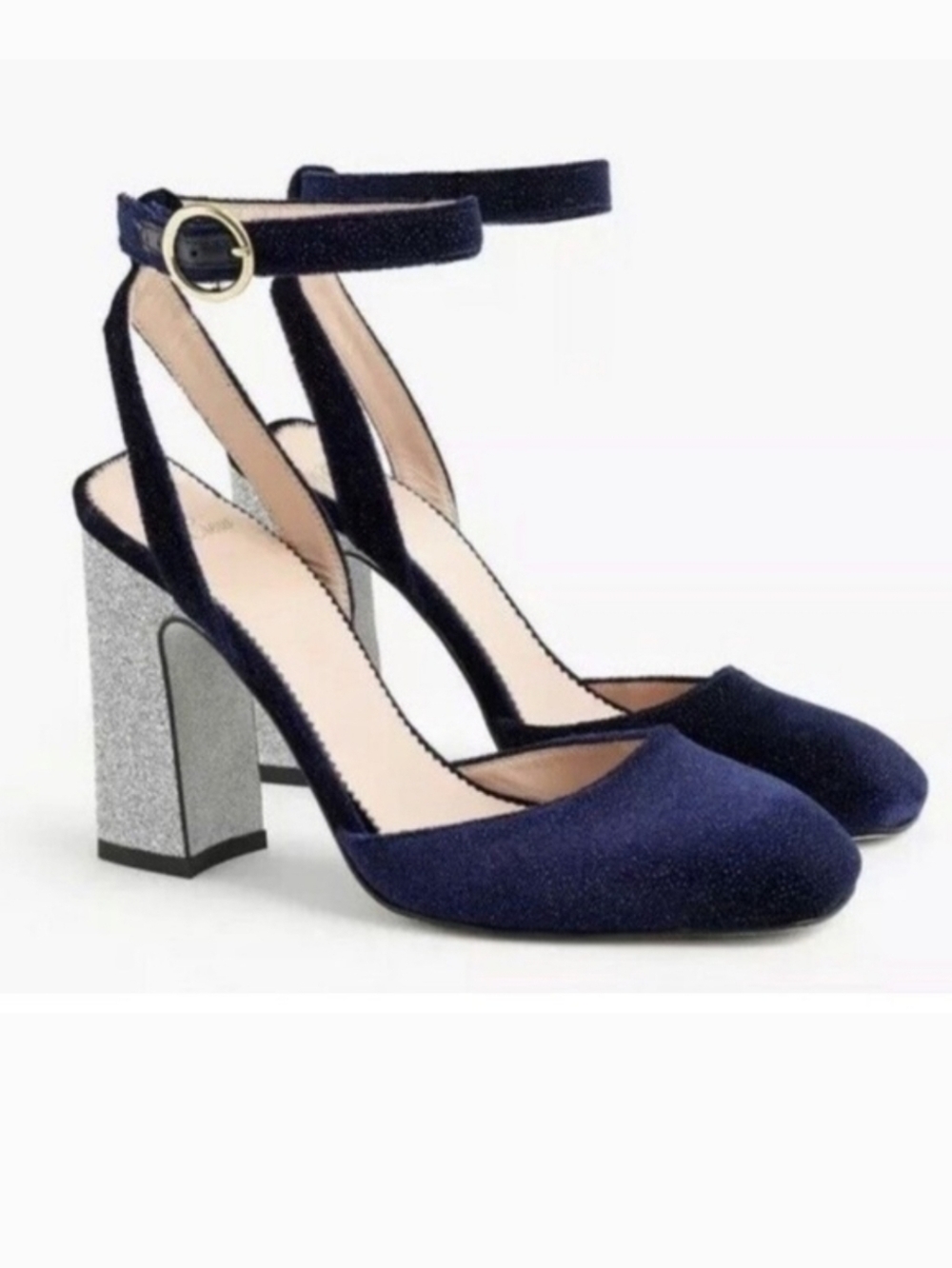 J. Crew Harlow Navy Velvet Ankle-Strap Block Heels Silver Glitter Heel